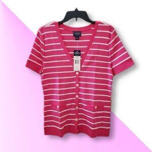 Chaps Classics Pink & White Striped Cardigan Top - Size Large